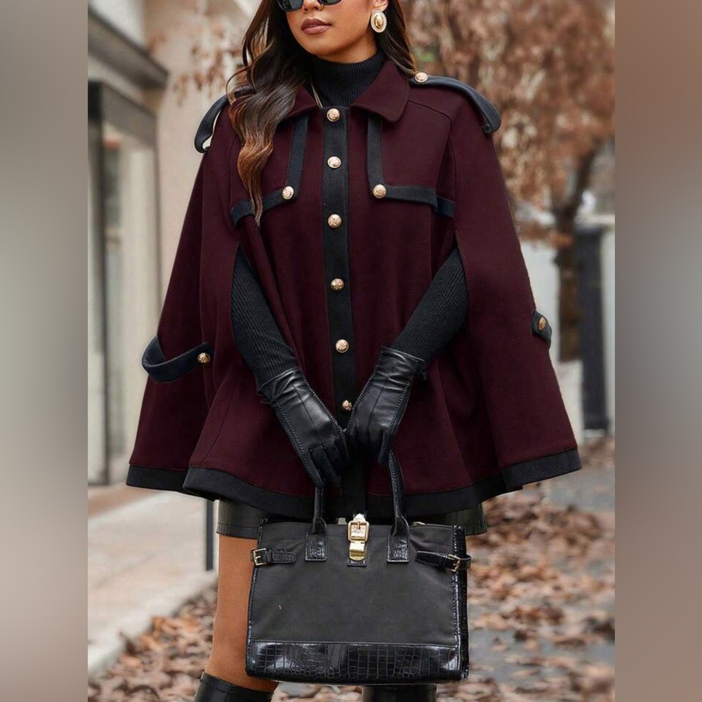 Pre-Owned Burgundy SHEIN Elenzga Raglan Sleeved Woolen Cape Coat w/ Black Accent